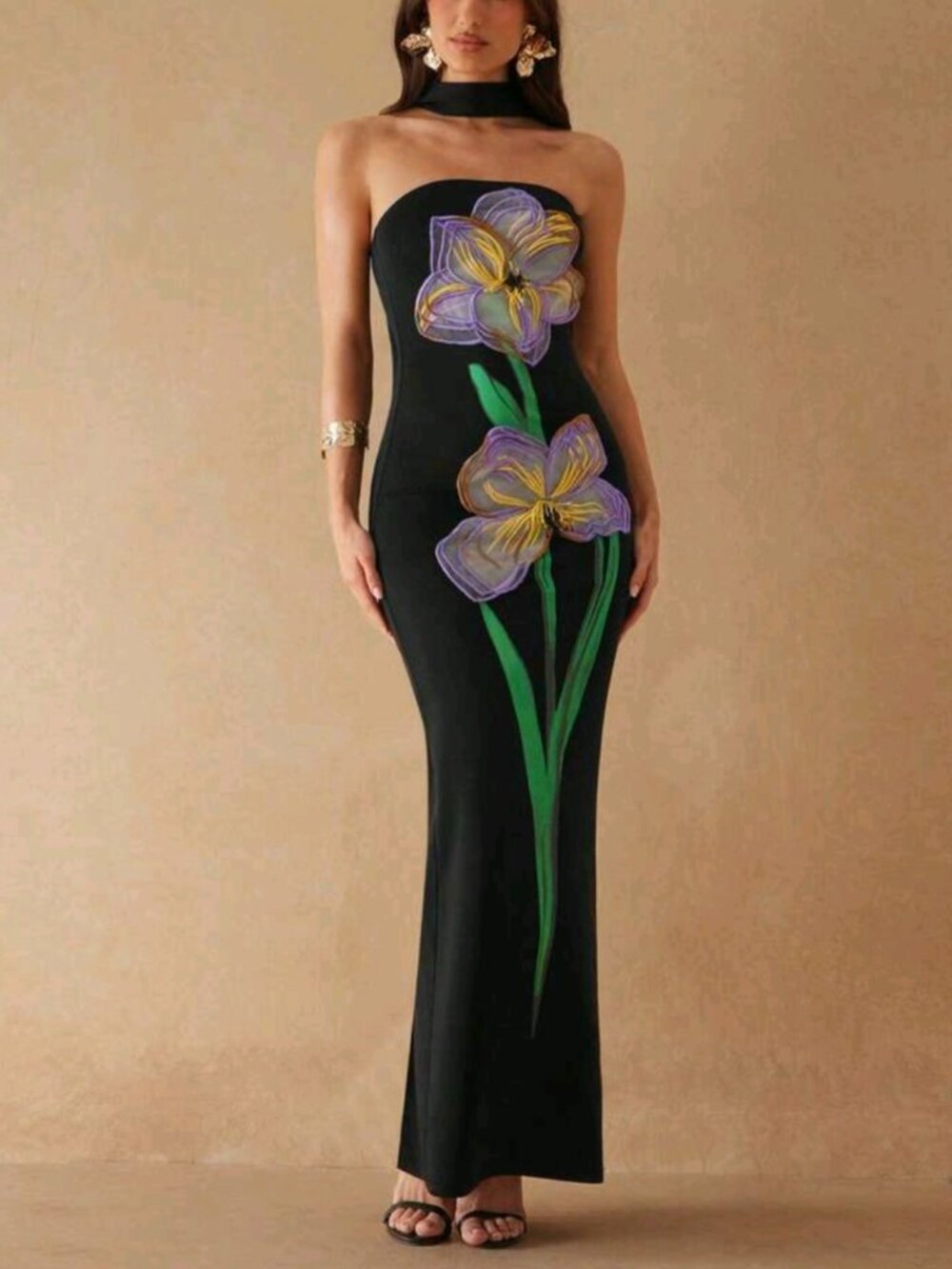 Elegant Black Bodycon Long Maxi Dress With Vibrant Plant Pattern Strapless Neckl